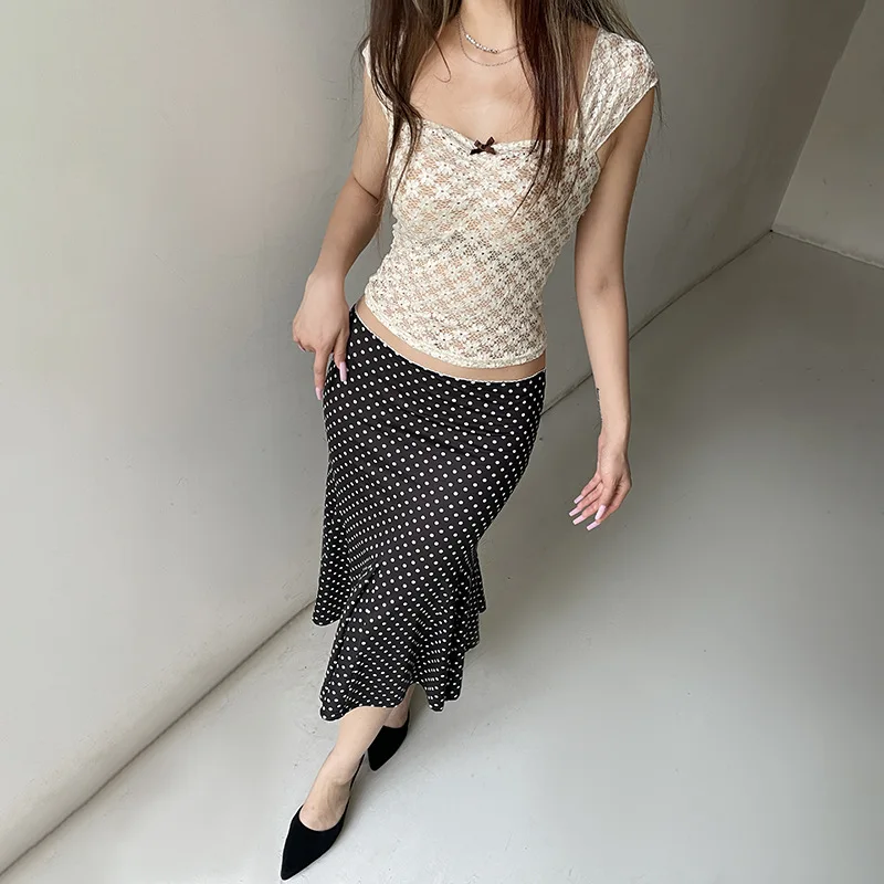 Women's Midi Skirts Dot Print Low Waist Skirts Spring Summer Casual Skirts 2025 Fashion Casual Elegant Clothes