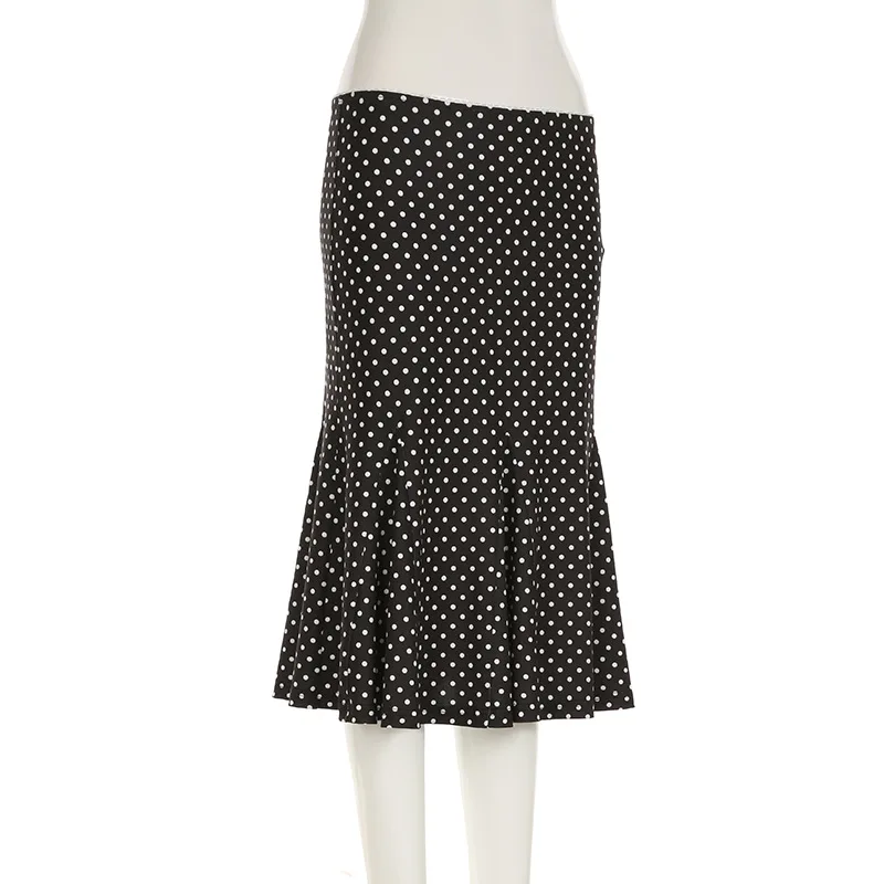Women's Midi Skirts Dot Print Low Waist Skirts Spring Summer Casual Skirts 2025 Fashion Casual Elegant Clothes
