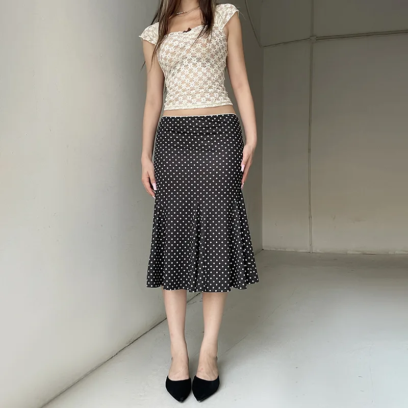 Women's Midi Skirts Dot Print Low Waist Skirts Spring Summer Casual Skirts 2025 Fashion Casual Elegant Clothes