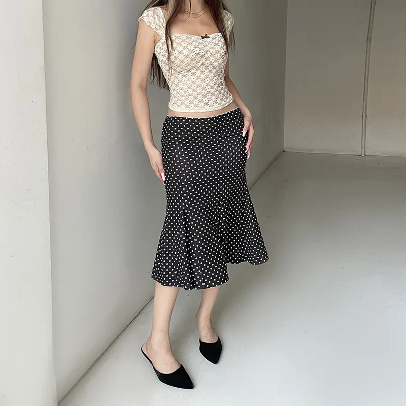 Women's Midi Skirts Dot Print Low Waist Skirts Spring Summer Casual Skirts 2025 Fashion Casual Elegant Clothes