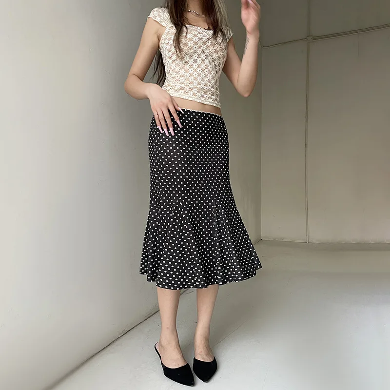 Women's Midi Skirts Dot Print Low Waist Skirts Spring Summer Casual Skirts 2025 Fashion Casual Elegant Clothes