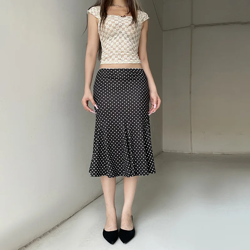 Women's Midi Skirts Dot Print Low Waist Skirts Spring Summer Casual Skirts 2025 Fashion Casual Elegant Clothes