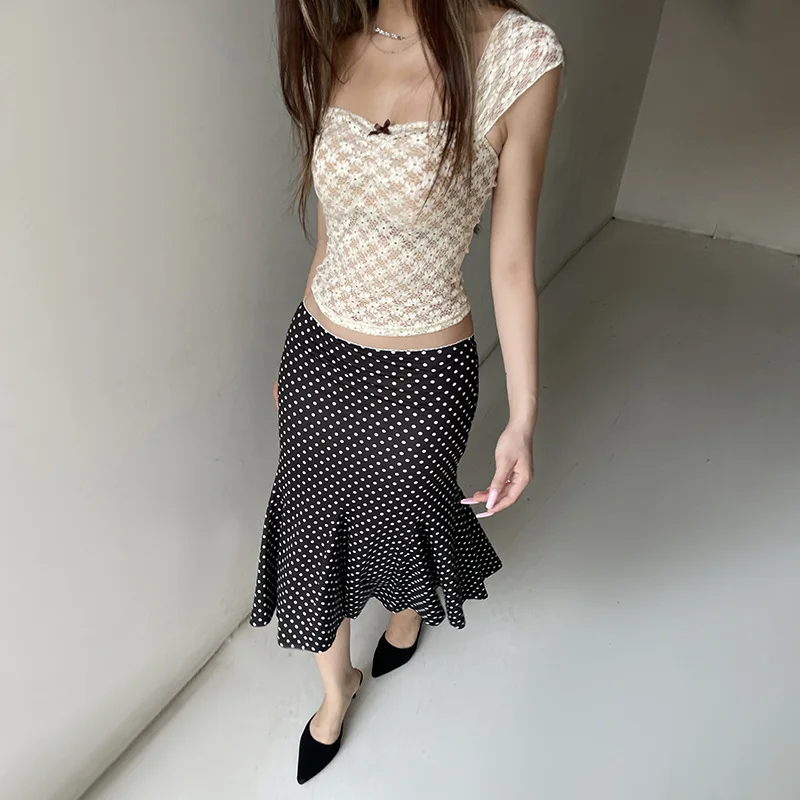 Women's Midi Skirts Dot Print Low Waist Skirts Spring Summer Casual Skirts 2025 Fashion Casual Elegant Clothes
