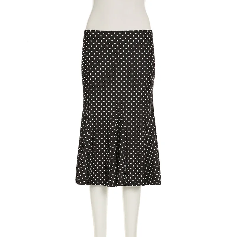 Women's Midi Skirts Dot Print Low Waist Skirts Spring Summer Casual Skirts 2025 Fashion Casual Elegant Clothes