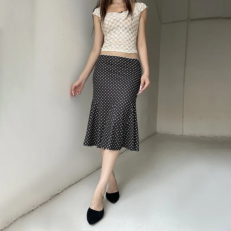 Women's Midi Skirts Dot Print Low Waist Skirts Spring Summer Casual Skirts 2025 Fashion Casual Elegant Clothes