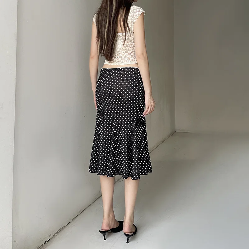 Women's Midi Skirts Dot Print Low Waist Skirts Spring Summer Casual Skirts 2025 Fashion Casual Elegant Clothes