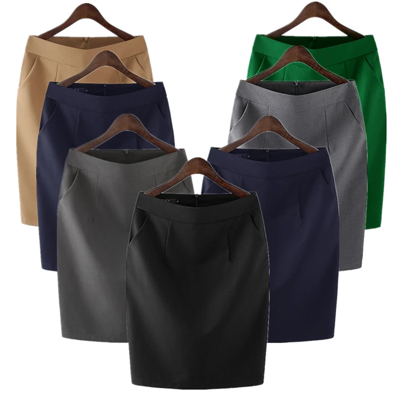 Knee Length Work Office High Waist Skirt Women Summer Vintage Formal OL Skirt Pocket Female Black Grey Bodycon Business Skirt