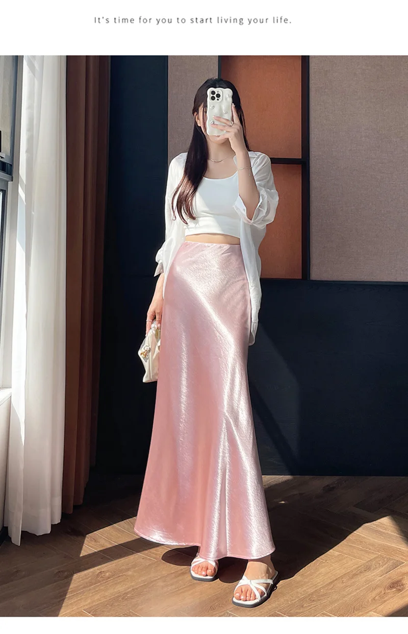 Zoki Chic Satin Elegant Long Skirt Women Casual Fashion High Waist Sweet Trumpet Skirts Slim Summer Female Korean Long Skirts