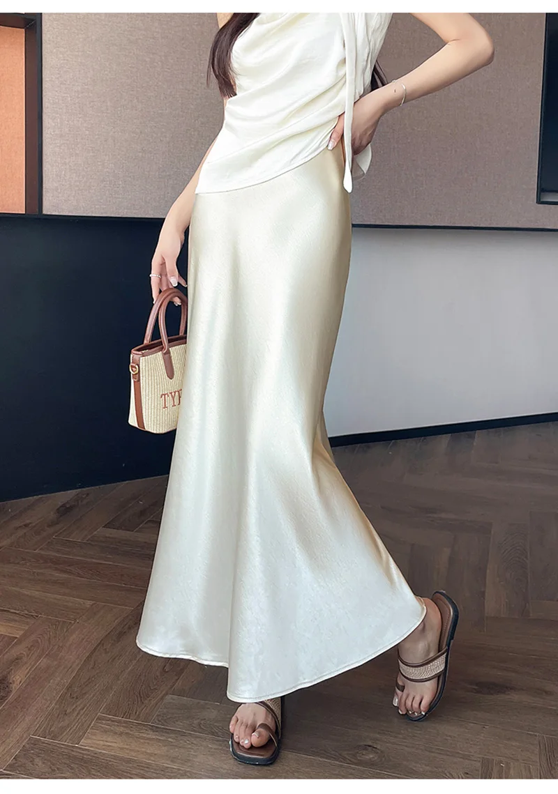 Zoki Chic Satin Elegant Long Skirt Women Casual Fashion High Waist Sweet Trumpet Skirts Slim Summer Female Korean Long Skirts
