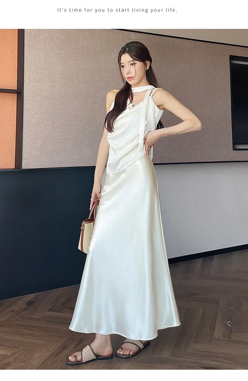 Zoki Chic Satin Elegant Long Skirt Women Casual Fashion High Waist Sweet Trumpet Skirts Slim Summer Female Korean Long Skirts