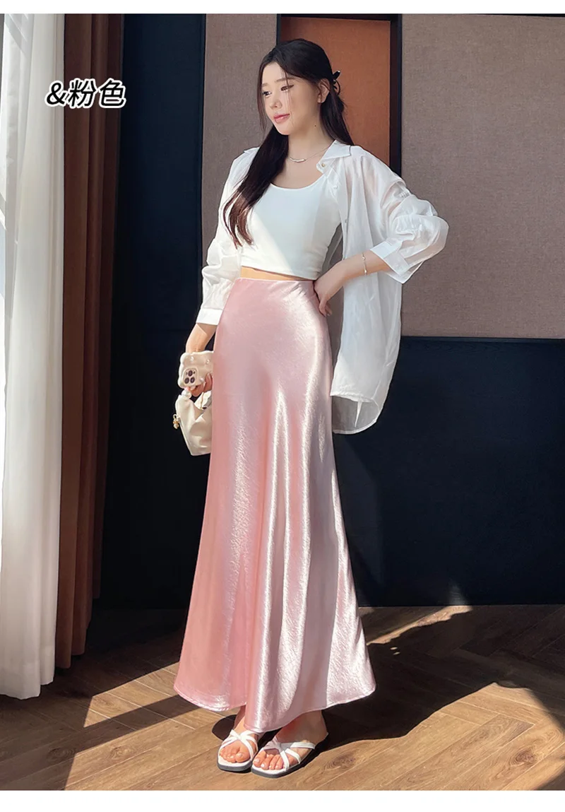 Zoki Chic Satin Elegant Long Skirt Women Casual Fashion High Waist Sweet Trumpet Skirts Slim Summer Female Korean Long Skirts