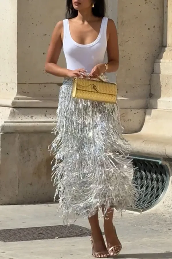 Fashionable Shiny Sequin TasselSkirt Women Heavy Vintage Elegant A-Line Party Skirt 2026 Spring Slimming Midi Dress