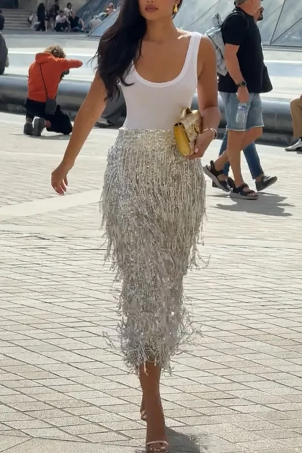 Fashionable Shiny Sequin TasselSkirt Women Heavy Vintage Elegant A-Line Party Skirt 2026 Spring Slimming Midi Dress