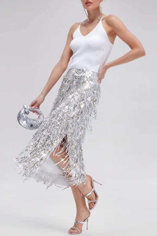 Fashionable Shiny Sequin TasselSkirt Women Heavy Vintage Elegant A-Line Party Skirt 2026 Spring Slimming Midi Dress