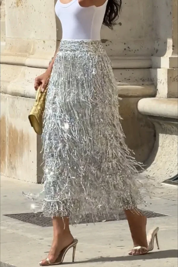 Fashionable Shiny Sequin TasselSkirt Women Heavy Vintage Elegant A-Line Party Skirt 2026 Spring Slimming Midi Dress