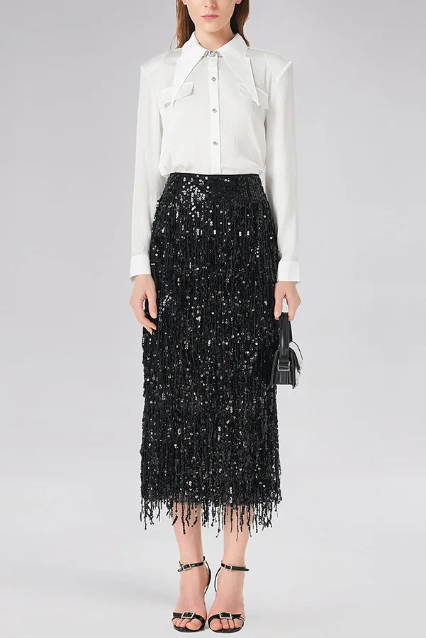 Fashionable Shiny Sequin TasselSkirt Women Heavy Vintage Elegant A-Line Party Skirt 2026 Spring Slimming Midi Dress
