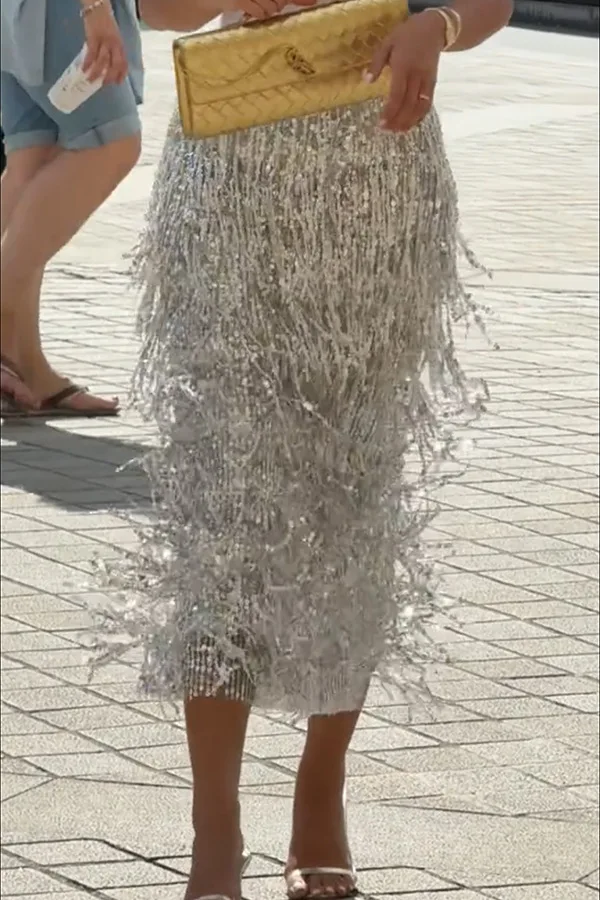 Fashionable Shiny Sequin TasselSkirt Women Heavy Vintage Elegant A-Line Party Skirt 2026 Spring Slimming Midi Dress