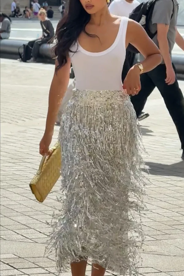 Fashionable Shiny Sequin TasselSkirt Women Heavy Vintage Elegant A-Line Party Skirt 2026 Spring Slimming Midi Dress