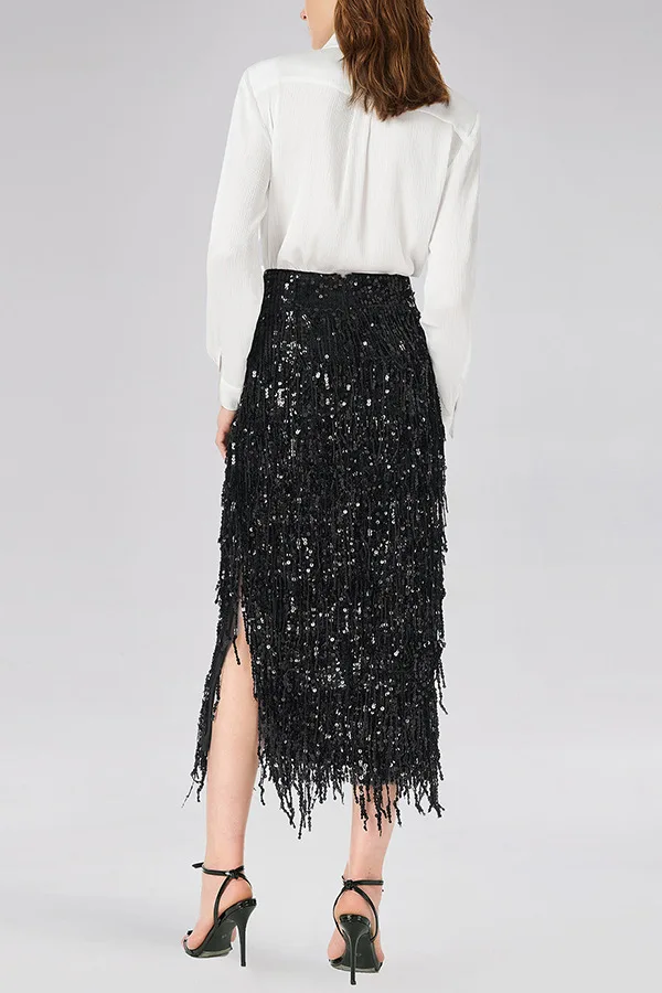 Fashionable Shiny Sequin TasselSkirt Women Heavy Vintage Elegant A-Line Party Skirt 2026 Spring Slimming Midi Dress