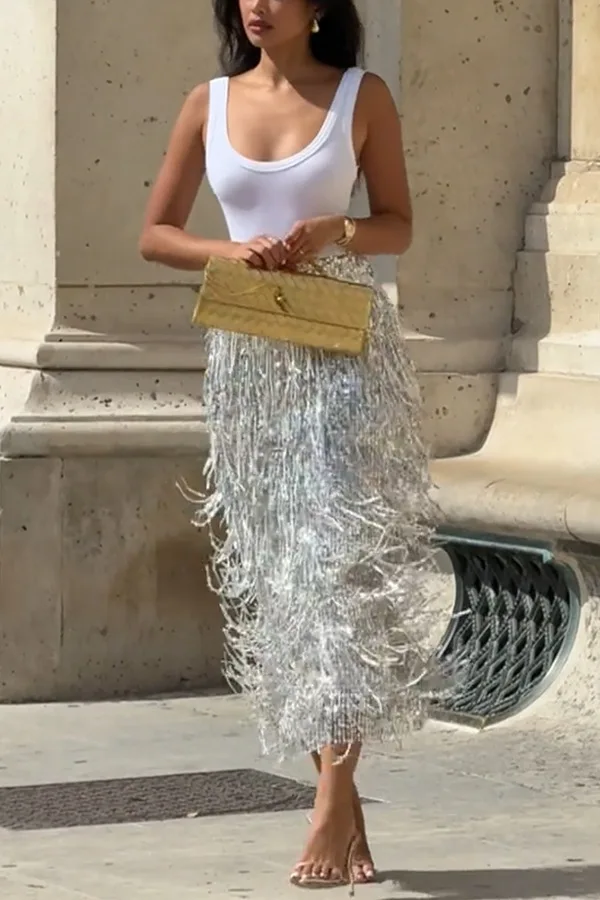 Fashionable Shiny Sequin TasselSkirt Women Heavy Vintage Elegant A-Line Party Skirt 2026 Spring Slimming Midi Dress