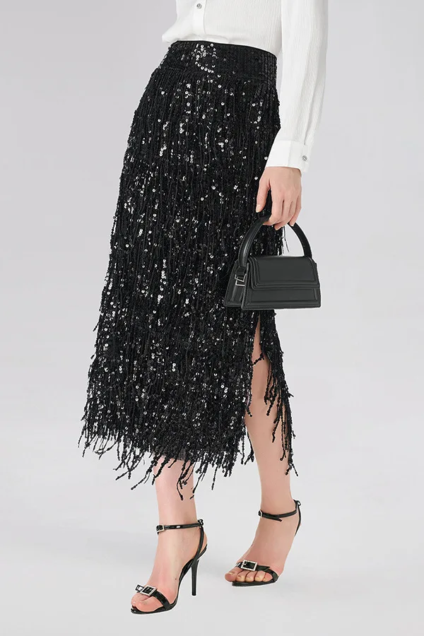 Fashionable Shiny Sequin TasselSkirt Women Heavy Vintage Elegant A-Line Party Skirt 2026 Spring Slimming Midi Dress