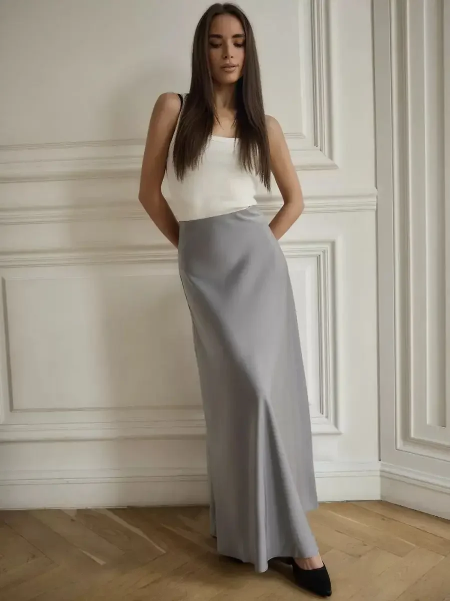 Wolfeel Casual Satin Women'S Skirt Spring Summer Fashion Loose High Waist Maxi Skirts Elegant Simple Slik Fishtail Skirt