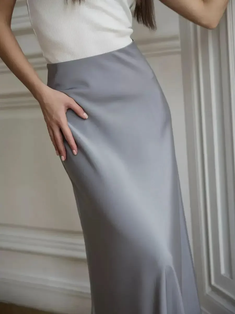 Wolfeel Casual Satin Women'S Skirt Spring Summer Fashion Loose High Waist Maxi Skirts Elegant Simple Slik Fishtail Skirt