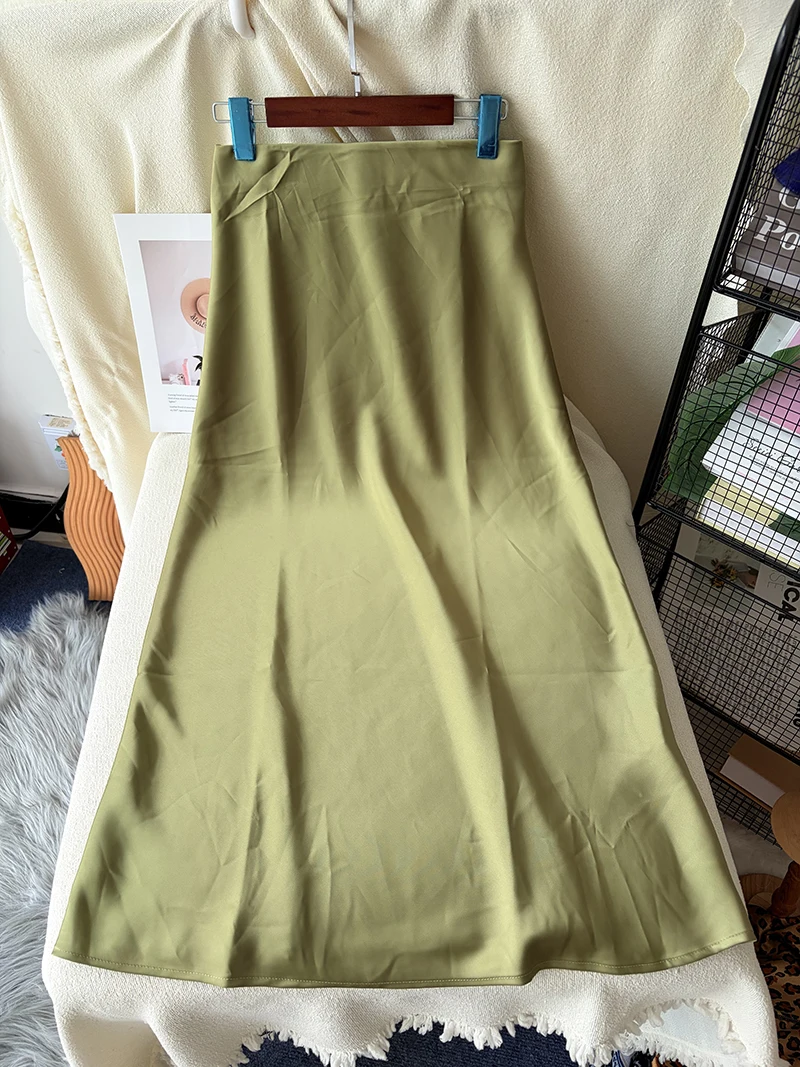 38 Colors Women's Summer Elegant Satin Long Skirts 2026 New Female Solid Color High Waist Fashion Faldas