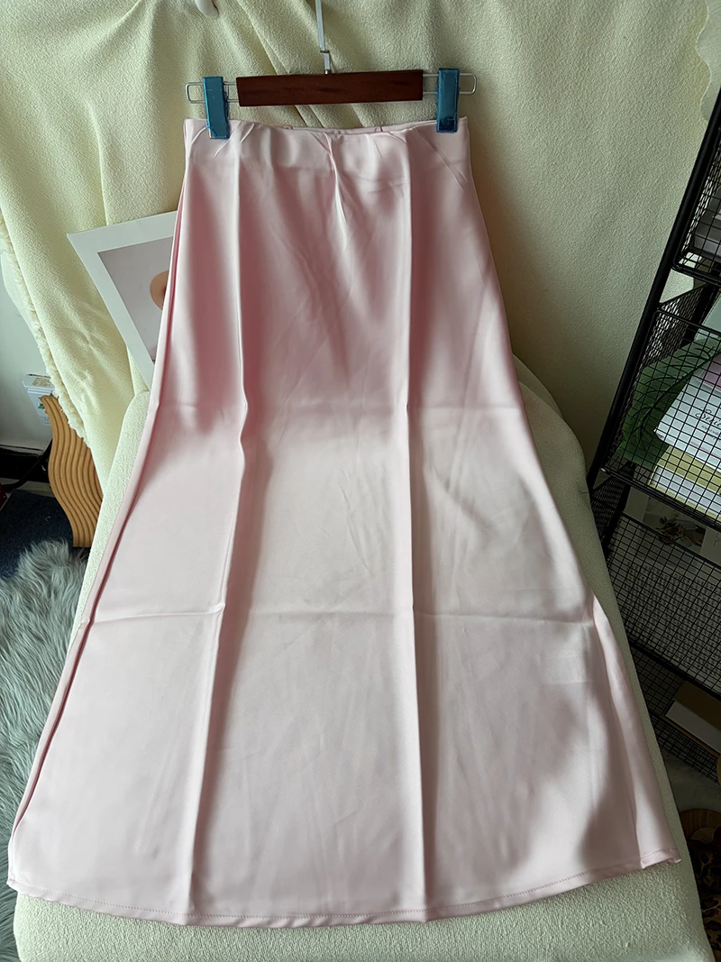 38 Colors Women's Summer Elegant Satin Long Skirts 2026 New Female Solid Color High Waist Fashion Faldas