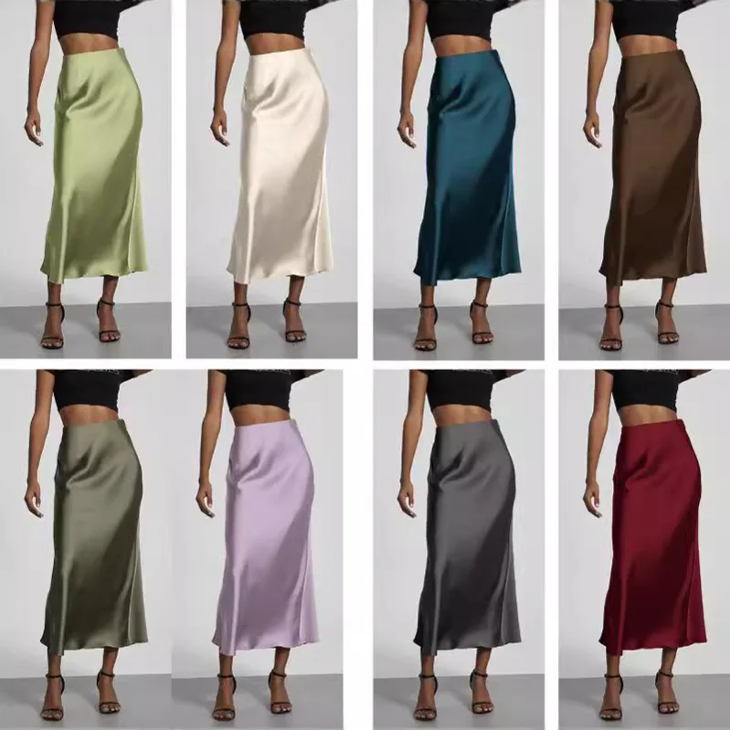 38 Colors Women's Summer Elegant Satin Long Skirts 2026 New Female Solid Color High Waist Fashion Faldas