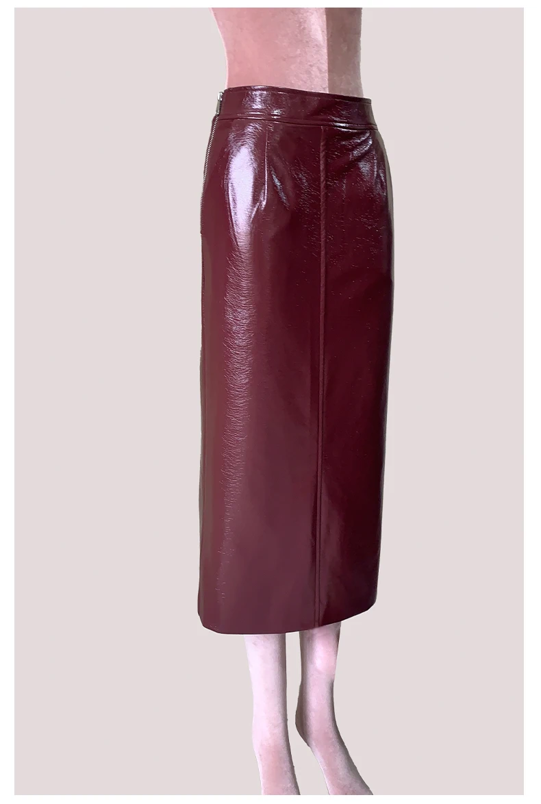 Nerazzurri Autumn Long Shiny Faux Leather Midi Pencil Skirt Women with Back Slit High Waist Elegant Chic Luxury Clothes Fashion