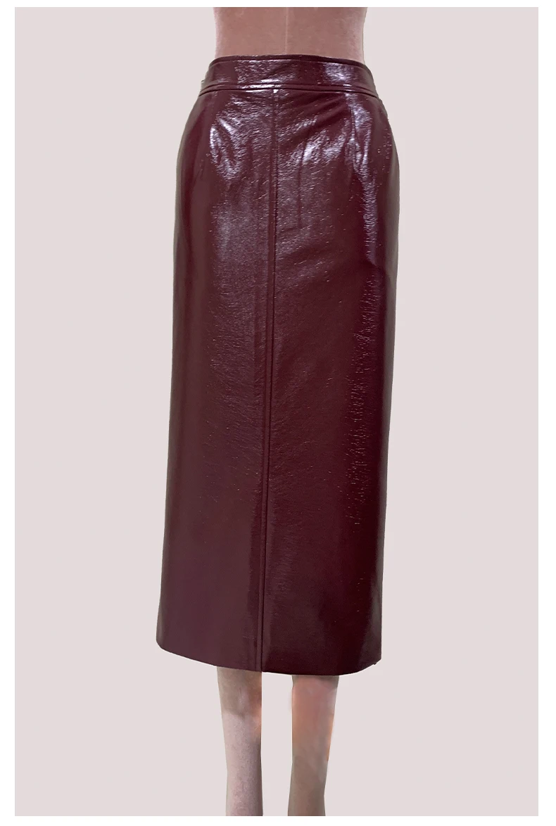 Nerazzurri Autumn Long Shiny Faux Leather Midi Pencil Skirt Women with Back Slit High Waist Elegant Chic Luxury Clothes Fashion