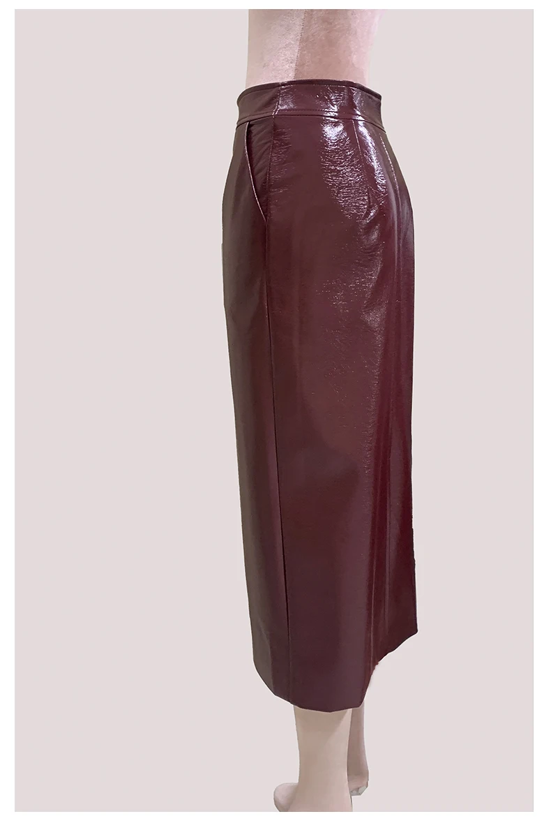 Nerazzurri Autumn Long Shiny Faux Leather Midi Pencil Skirt Women with Back Slit High Waist Elegant Chic Luxury Clothes Fashion
