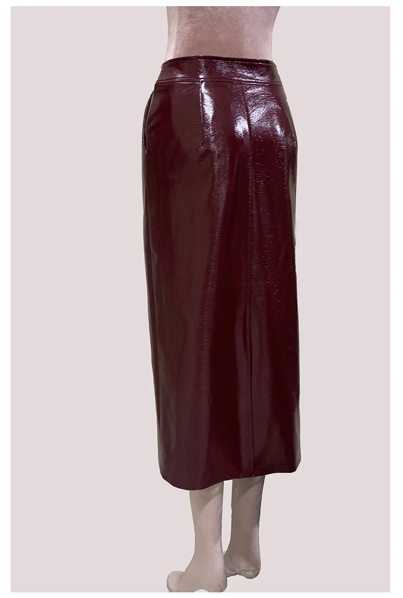 Nerazzurri Autumn Long Shiny Faux Leather Midi Pencil Skirt Women with Back Slit High Waist Elegant Chic Luxury Clothes Fashion