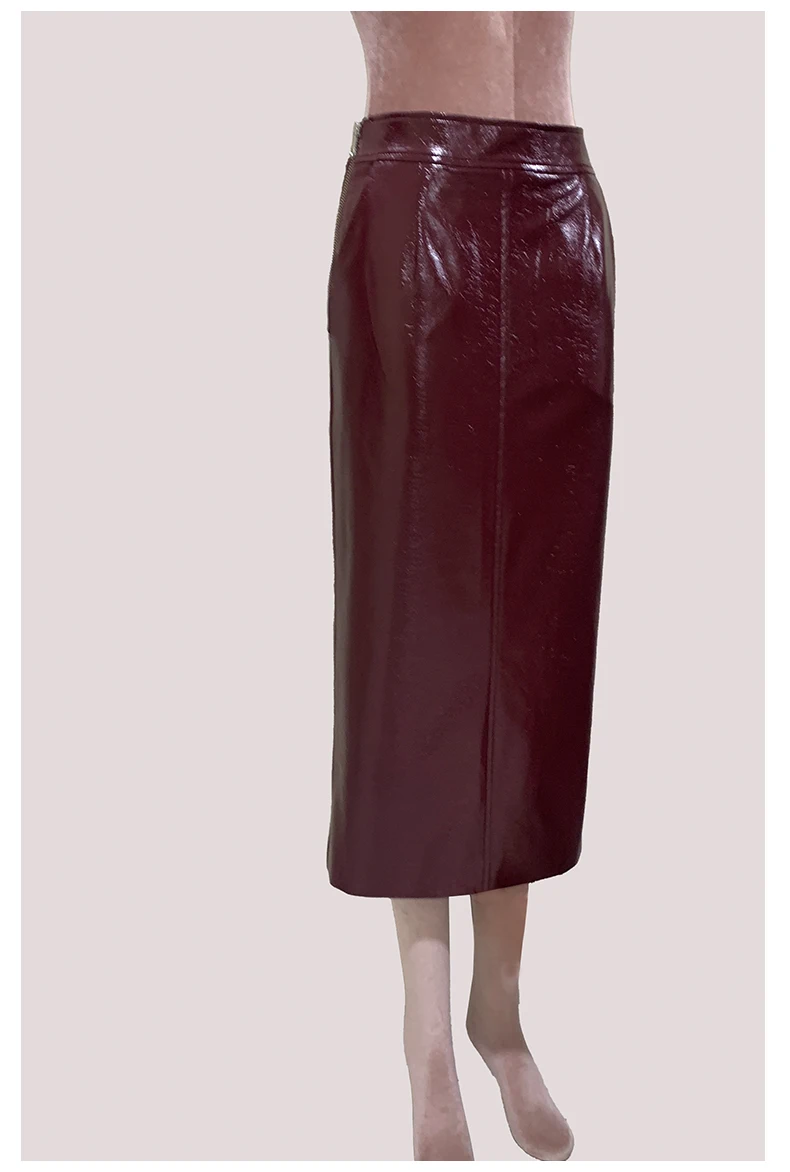 Nerazzurri Autumn Long Shiny Faux Leather Midi Pencil Skirt Women with Back Slit High Waist Elegant Chic Luxury Clothes Fashion