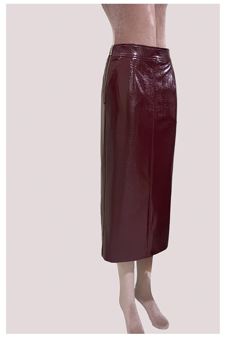 Nerazzurri Autumn Long Shiny Faux Leather Midi Pencil Skirt Women with Back Slit High Waist Elegant Chic Luxury Clothes Fashion