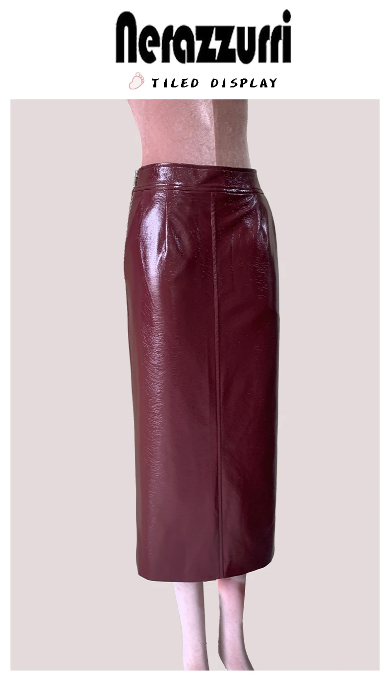Nerazzurri Autumn Long Shiny Faux Leather Midi Pencil Skirt Women with Back Slit High Waist Elegant Chic Luxury Clothes Fashion