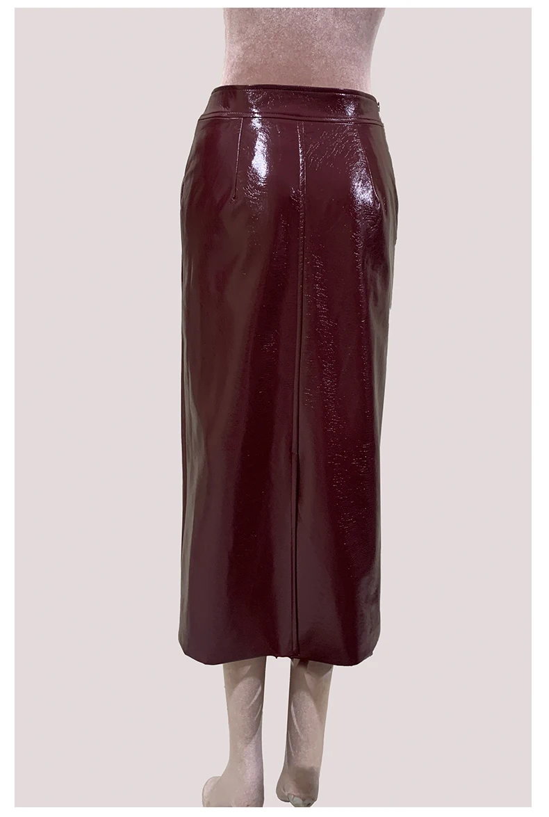 Nerazzurri Autumn Long Shiny Faux Leather Midi Pencil Skirt Women with Back Slit High Waist Elegant Chic Luxury Clothes Fashion