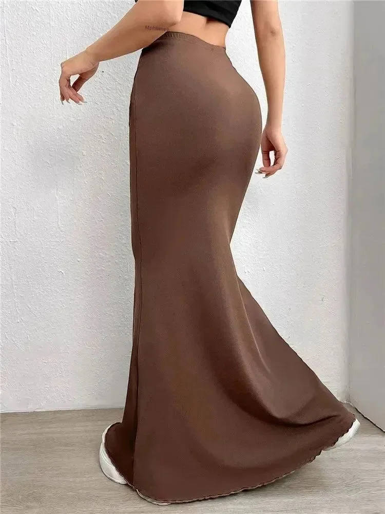 Solid Bodycon Ruched Long Skirt Women Sexy Black Elastic Elegant High Waist Mermaid Maxi Skirts Summer Streetwear
