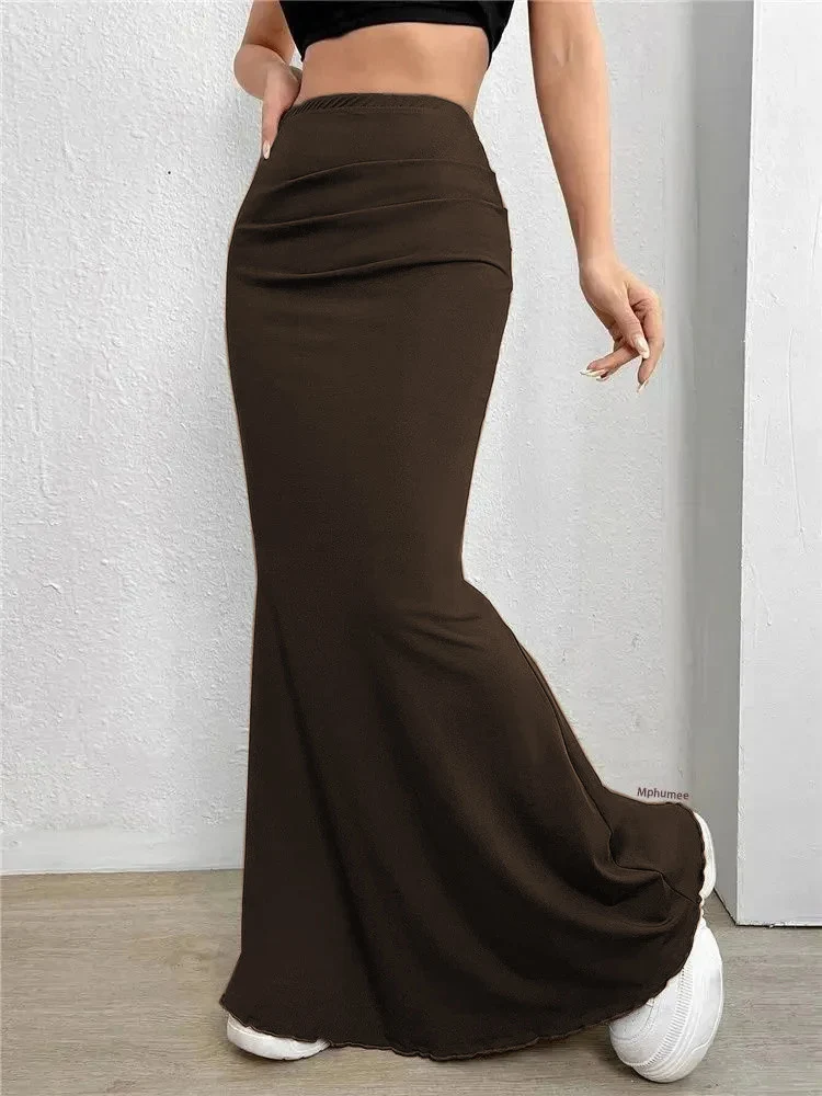 Solid Bodycon Ruched Long Skirt Women Sexy Black Elastic Elegant High Waist Mermaid Maxi Skirts Summer Streetwear