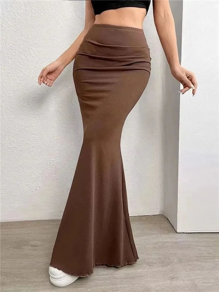 Solid Bodycon Ruched Long Skirt Women Sexy Black Elastic Elegant High Waist Mermaid Maxi Skirts Summer Streetwear
