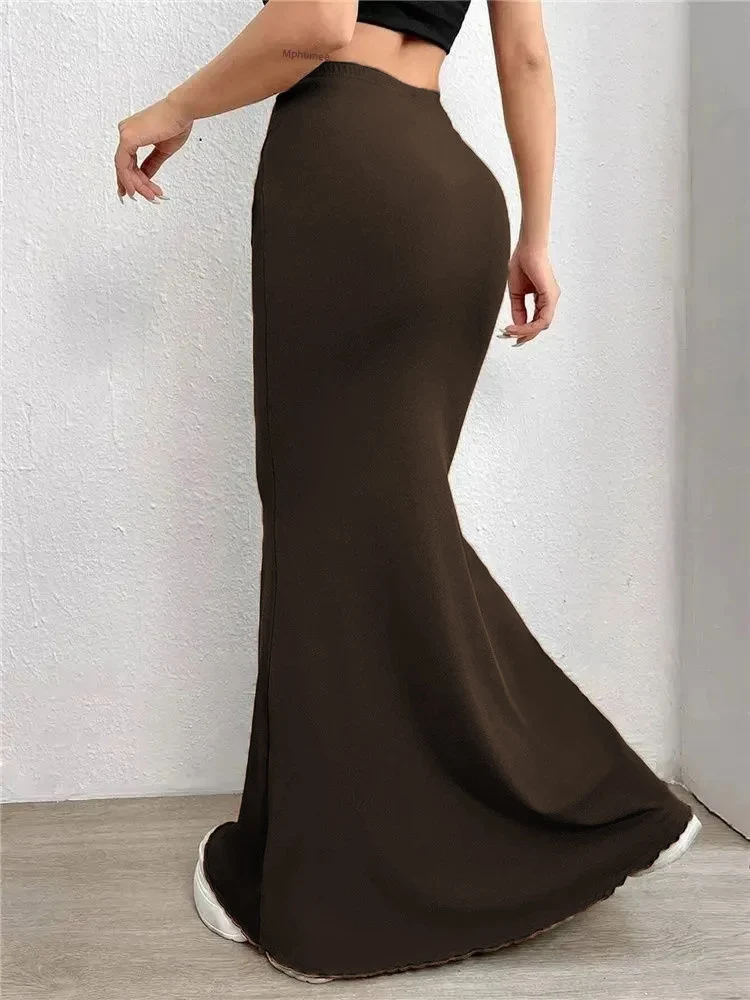 Solid Bodycon Ruched Long Skirt Women Sexy Black Elastic Elegant High Waist Mermaid Maxi Skirts Summer Streetwear
