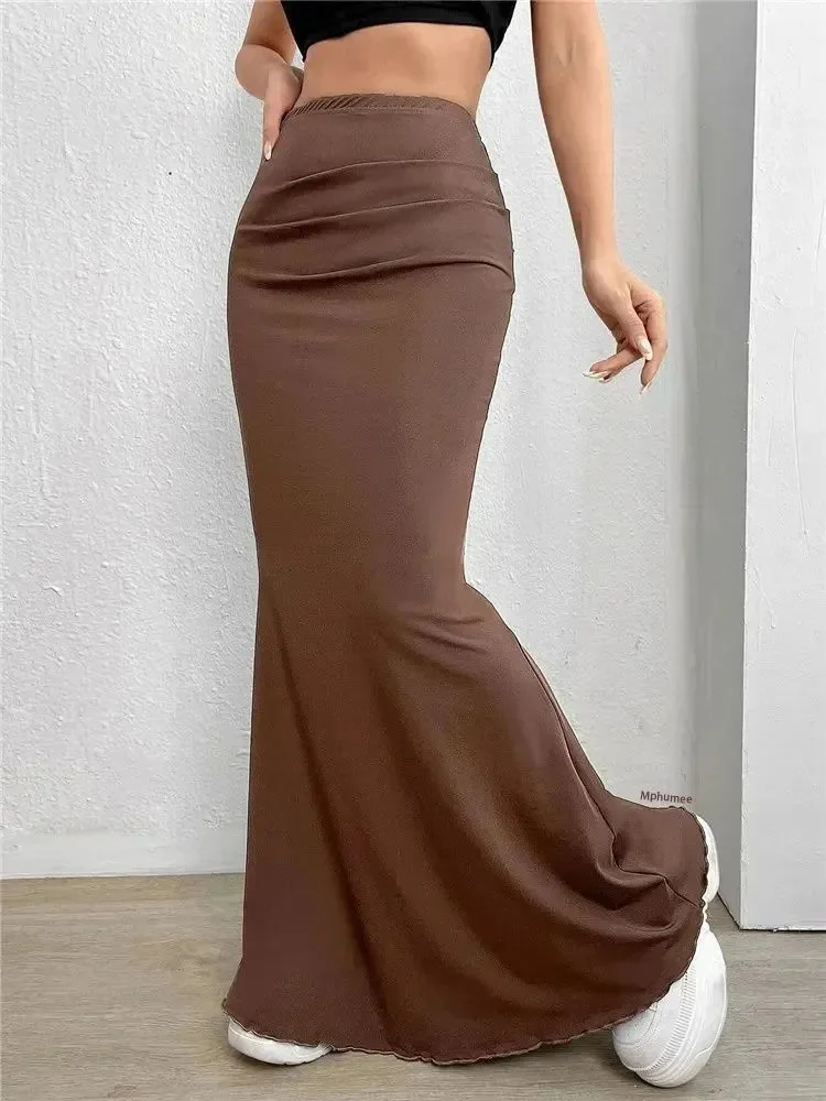 Solid Bodycon Ruched Long Skirt Women Sexy Black Elastic Elegant High Waist Mermaid Maxi Skirts Summer Streetwear