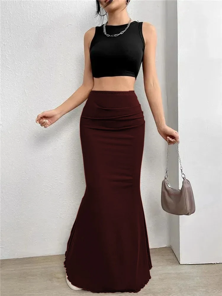 Solid Bodycon Ruched Long Skirt Women Sexy Black Elastic Elegant High Waist Mermaid Maxi Skirts Summer Streetwear