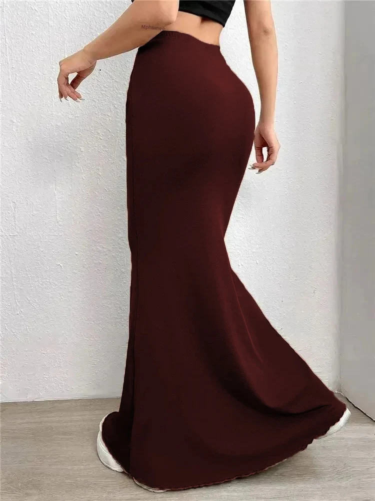 Solid Bodycon Ruched Long Skirt Women Sexy Black Elastic Elegant High Waist Mermaid Maxi Skirts Summer Streetwear