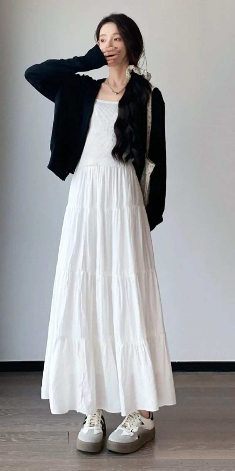 Spring Summer Women Long Skirts Fashion High Waist Elastic Patchwork A-Line Skirt Casual All-Match White Cake Maxi Skirts Female