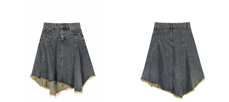 Summer Women Japanese Midi Skirt Denim Irregular Skirt A-line 2000s Abi Y2k Korean Shoujo E-girl Gyaru Tassels Skirt Cyber Punk
