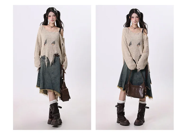 Summer Women Japanese Midi Skirt Denim Irregular Skirt A-line 2000s Abi Y2k Korean Shoujo E-girl Gyaru Tassels Skirt Cyber Punk