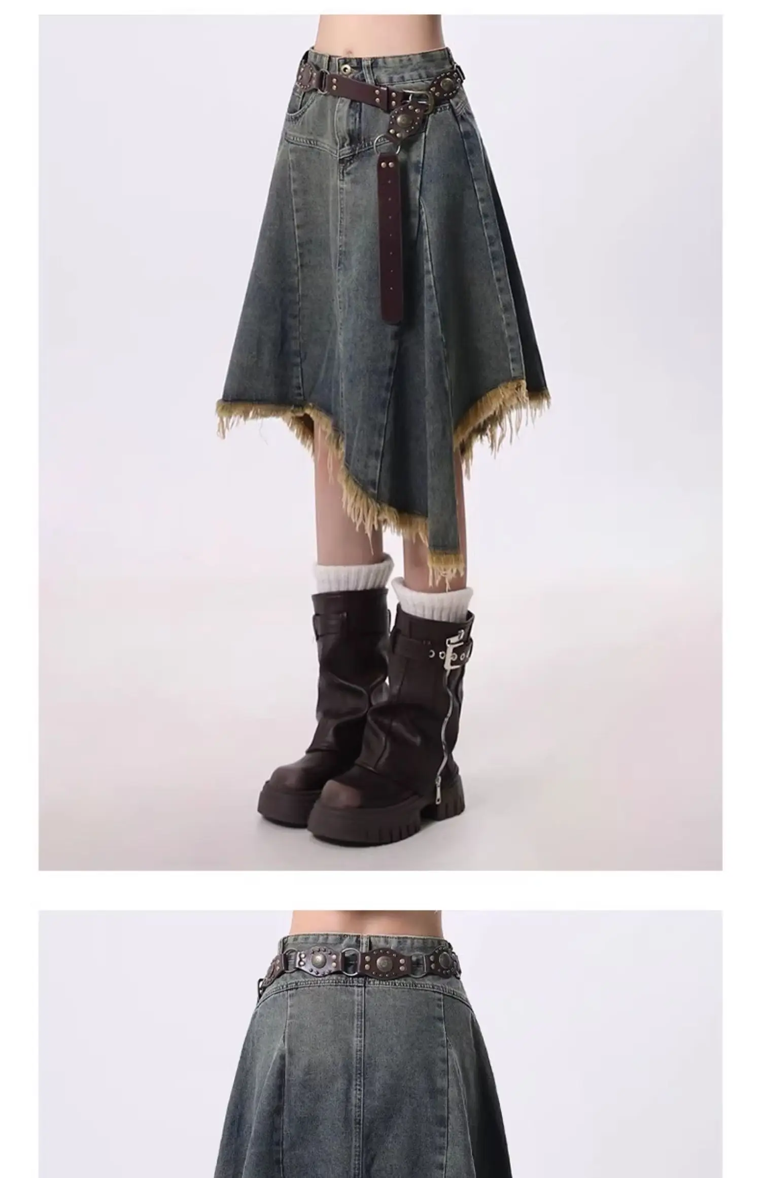 Summer Women Japanese Midi Skirt Denim Irregular Skirt A-line 2000s Abi Y2k Korean Shoujo E-girl Gyaru Tassels Skirt Cyber Punk