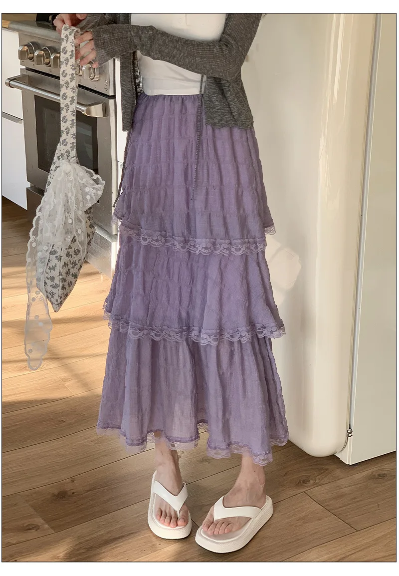 Sweet Lace Ruffles Long Skirt Women Summer Cute Puff Cake A Line Skirt Woman Korean Style High Waist White Chiffon Tulle Skirt